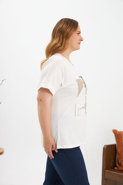 Tricou marime mare din bumbac cu pietricele si imprimeu - ecru