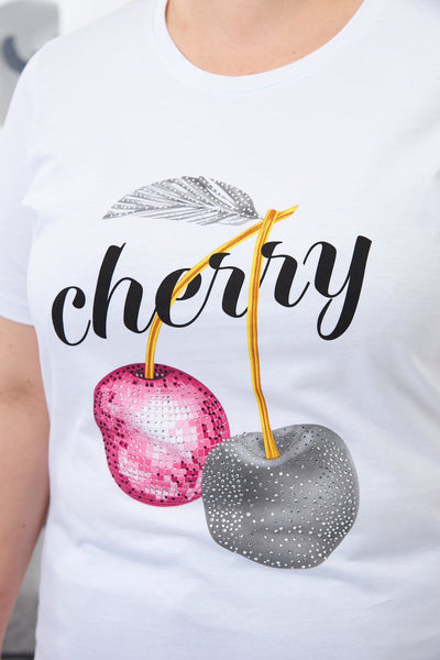 Tricou marime mare din bumbac Cherry - alb