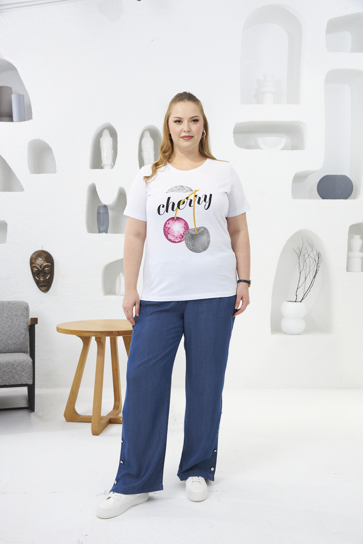 Tricou marime mare din bumbac Cherry - alb