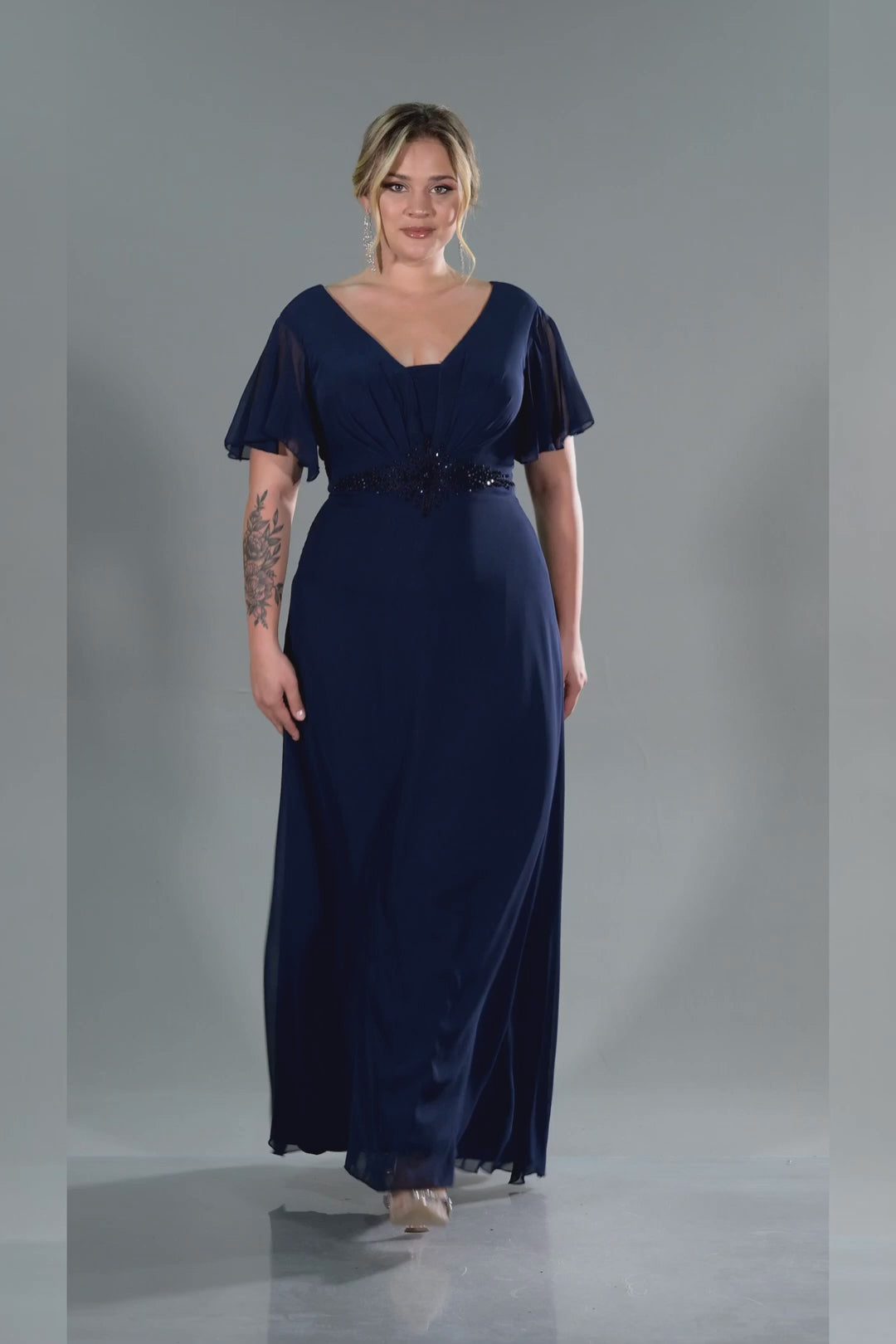 Rochie de ocazie marime mare lunga din sifon cu broderie - albastru inchis N2308