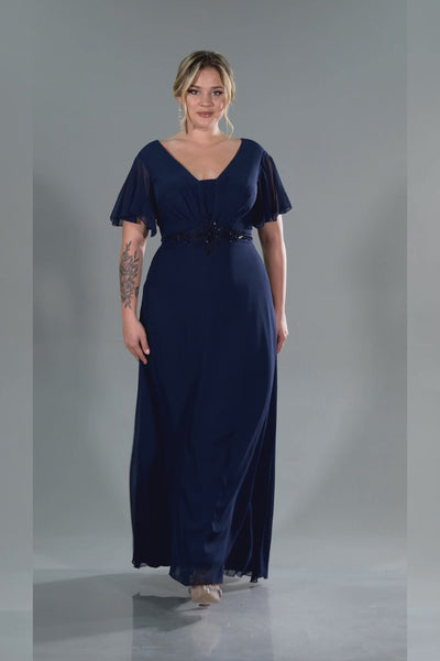 Rochie de ocazie marime mare lunga din sifon cu broderie - albastru inchis N2308