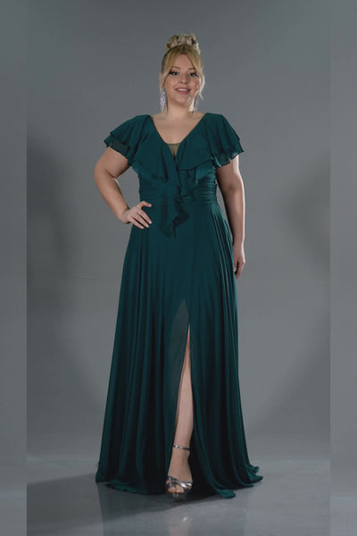 Rochie de ocazie marime mare lunga din sifon - verde inchis N032