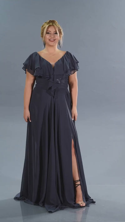 Rochie de ocazie marime mare lunga din sifon - albastru inchis N032