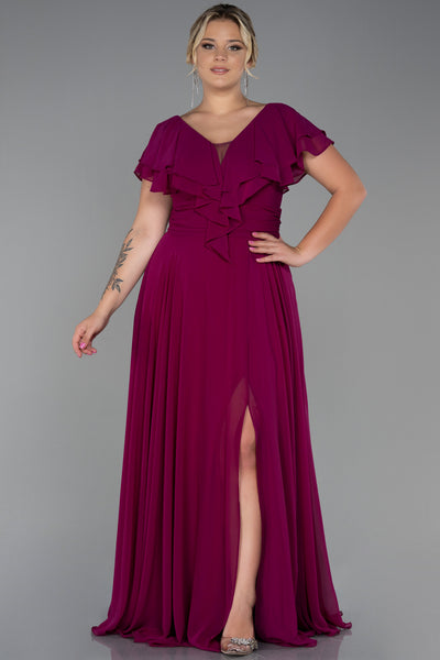 Rochie de ocazie marime mare lunga din sifon - Pruna N032