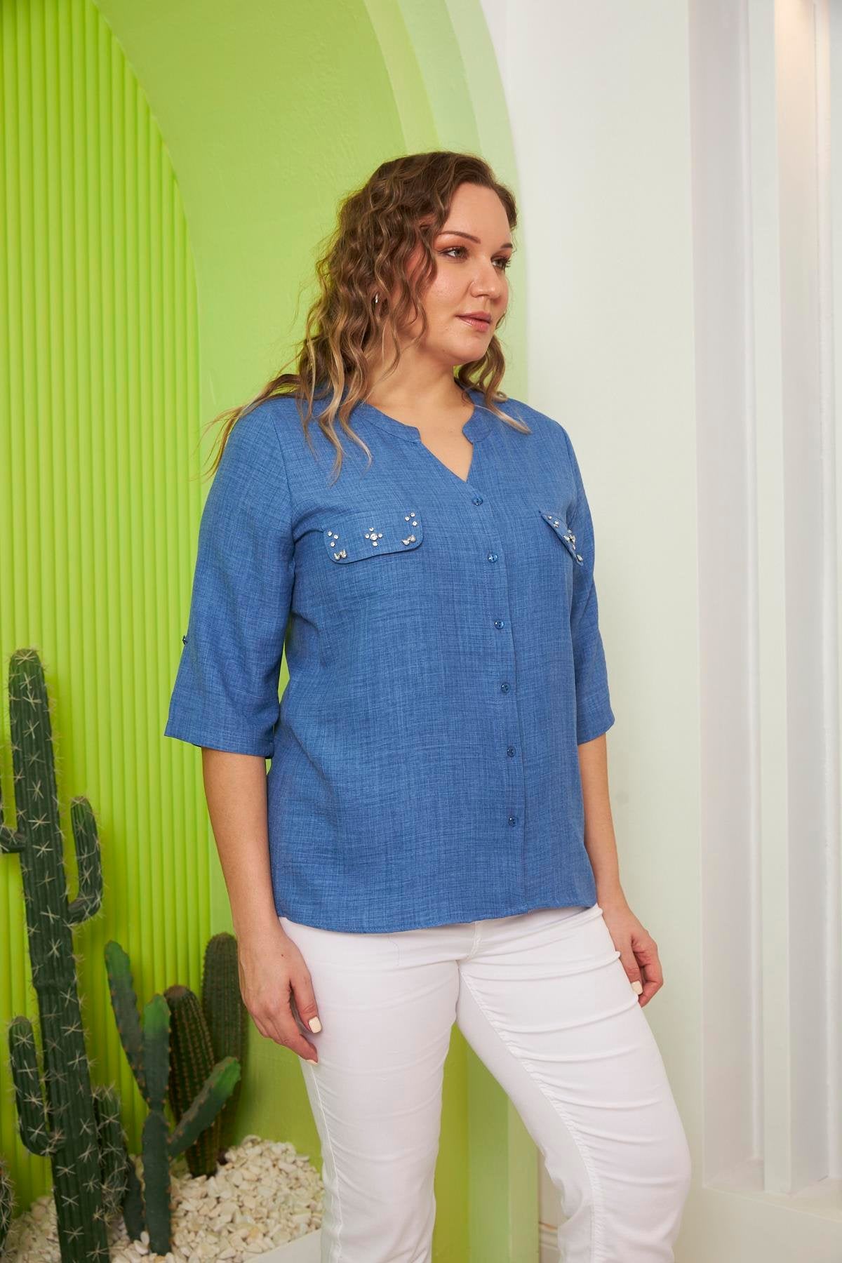 Camasa marime mare cu pietricele in 5 culori - imitatie denim