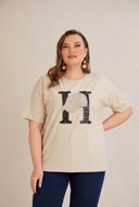 Tricou mărime mare din bumbac cu aplicație din dantelă și pietricele 