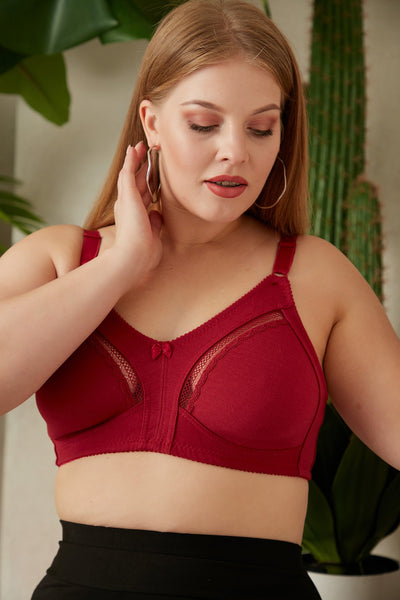 Sutien marime mare din bumbac cu dantela - mega confort - visiniu
