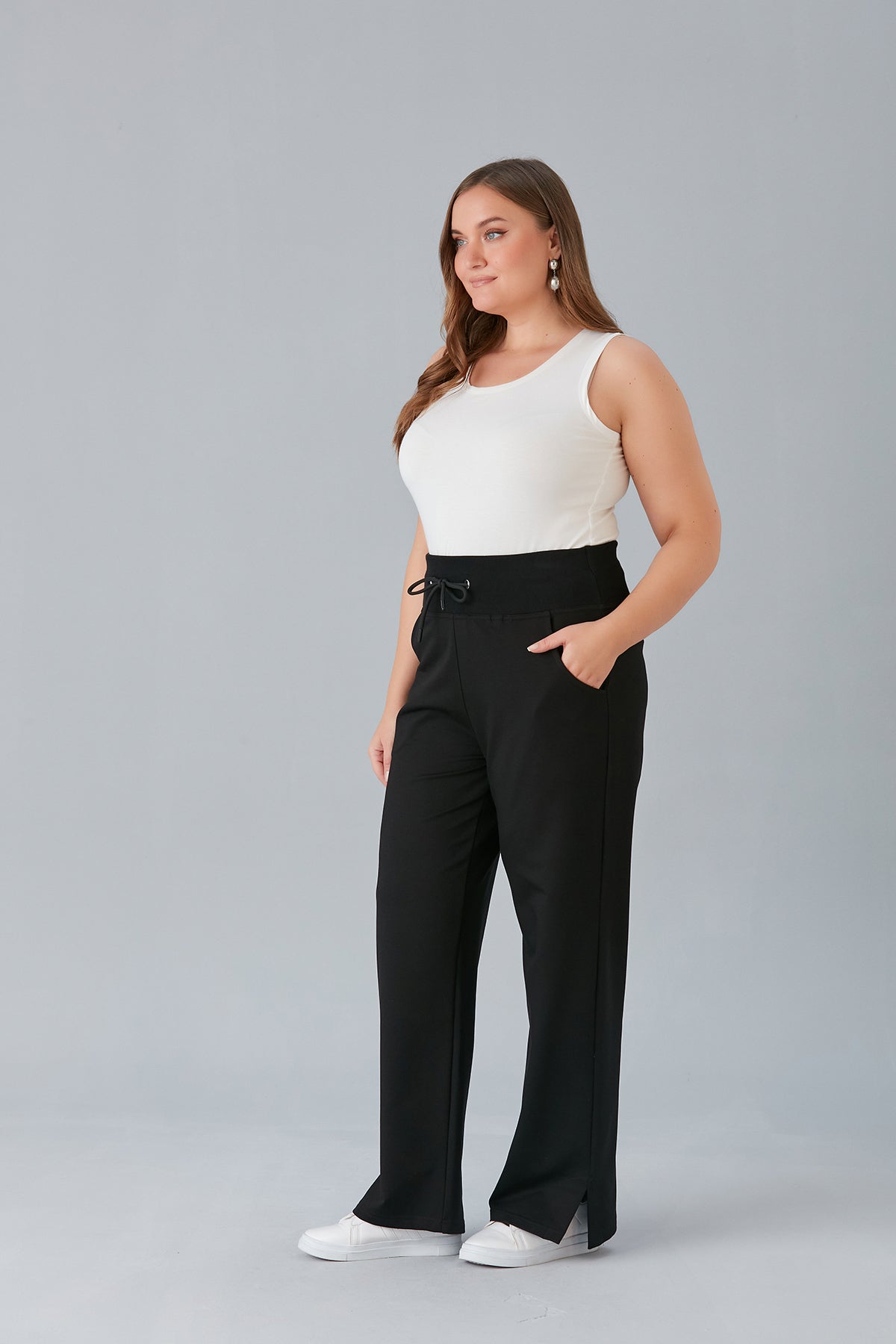 Pantalon larg marime mare cu despicaturi laterale