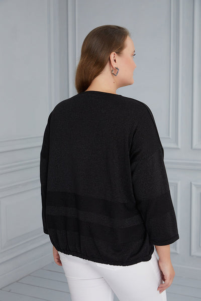 Макси блуза плетиво с надпис и връзки - черен