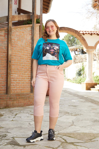 Pantaloni Rebecca marime mare din bumbac 7/8 - pudra