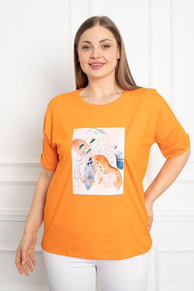 Tricou marime mare din bumbac cu imprimeu - portocaliu