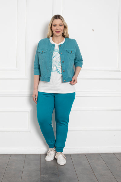 Jacheta marime mare scurta din denim - turcoaz